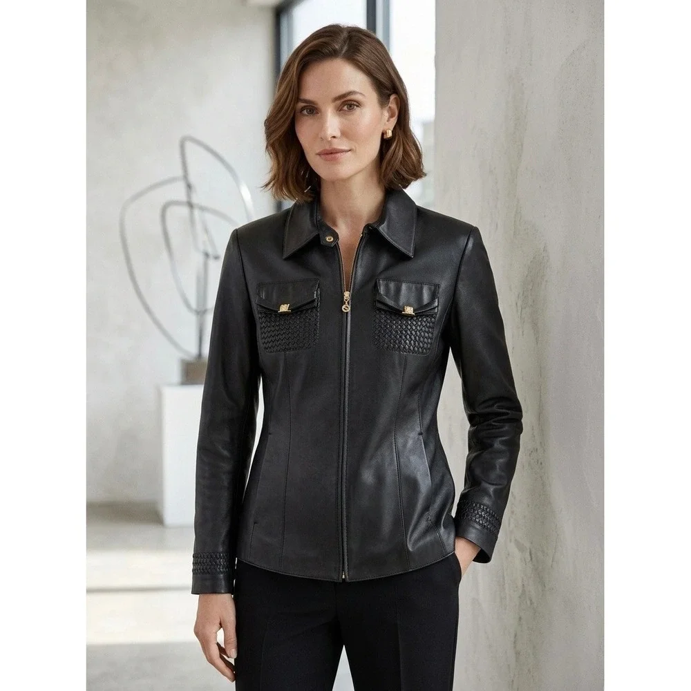 St John Sport Marie Gray Black Leather Jacket Woven Trim Gold Hardware Small